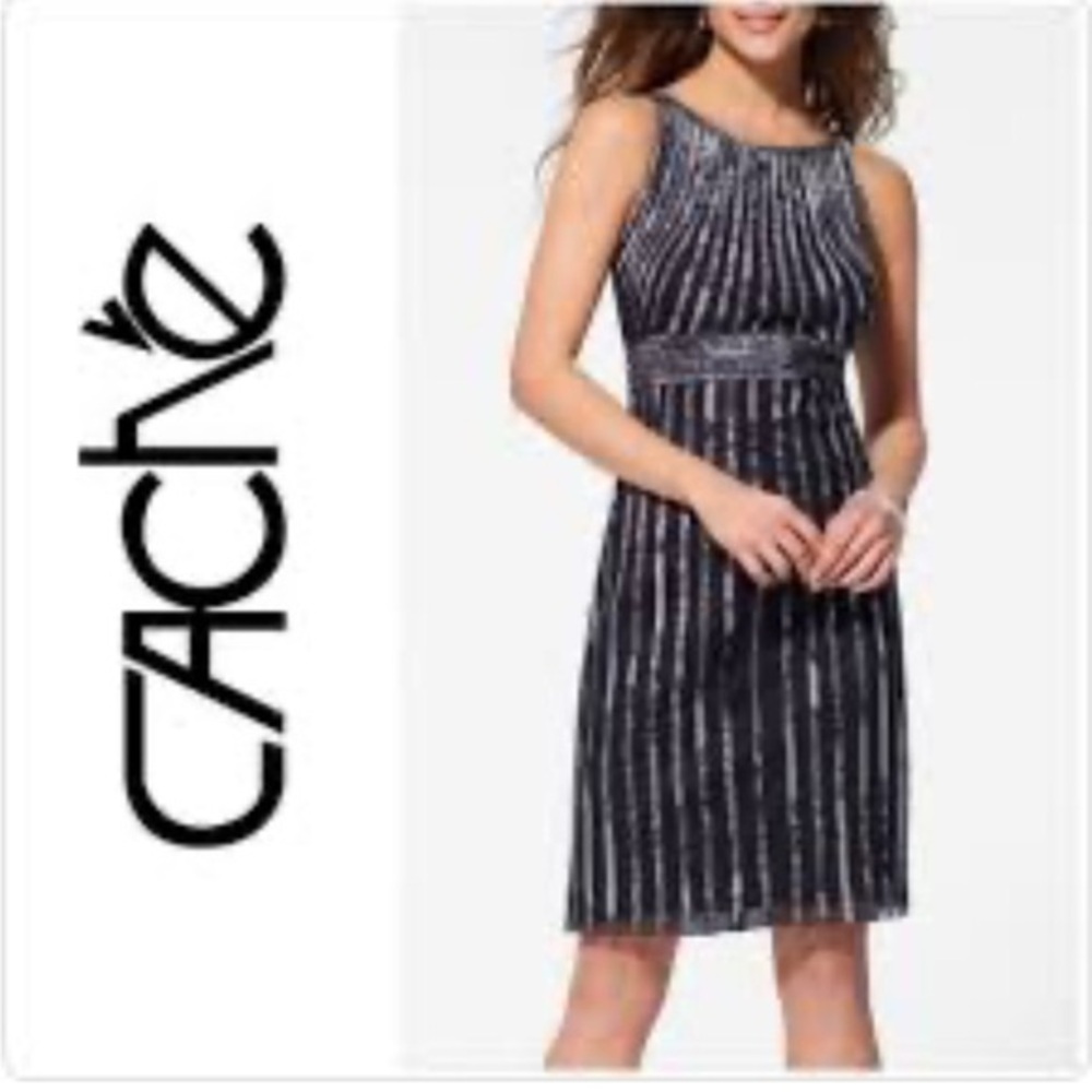 NWT Cache y2k striped lace Black and Silvery white babydoll empire waist Dress